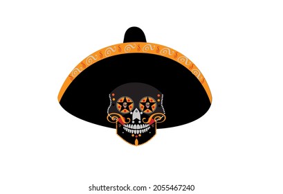 Mexican skull with sombrero, Day of the dead background vector illustration 