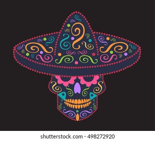 Mexican skull with sombrero, Day of the dead, neon color 