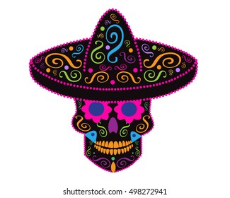 Mexican skull with sombrero, Day of the dead, neon color 