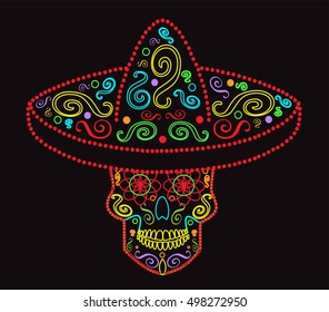 Mexican skull with sombrero, Day of the dead, neon color 