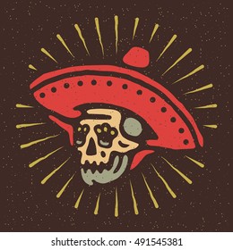 Mexican skull in sombrero Dia de los Muertos (Day of the Dead) skull in sombrero. Vector illustration on grunge texture background.