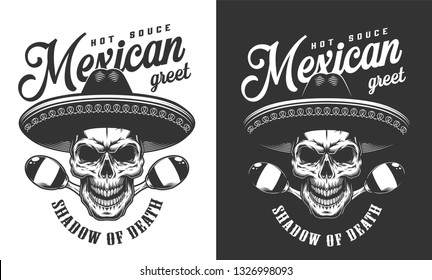 Mexican skull in sombrero hat logo with maracas in vintage monochrome style isolated vector illustration