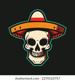 Calavera mexicana con sombrero de sombrero mexicano. Ilustración vectorial sobre fondo negro.  estilo de color plano