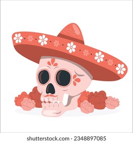 Mexican Skull in the Mexican sombrero hat. Mexican vector sugar skull with Mexican hat. skull patterns on the face and hat. Mexico pattern. Skull and flowers elements. Day of the dead vector. 2297