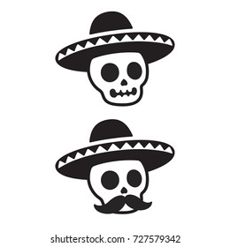 Mexican skull in sombrero with mustache. Dia de los Muertos (Day of the Dead) and Halloween vector illustration. Simple black and white cartoon icon or logo.