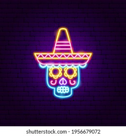 Mexican Skull Sombrero Neon Sign. Vector Illustration of Construction Promotion.