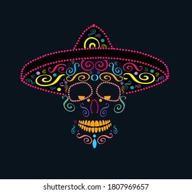 Mexican skull with sombrero and ornaments details, colorful Day of the dead vector background