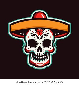 Mexican skull with sombrero. Vector illustration on dark background.  flat color style