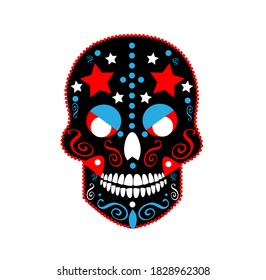 Mexican skull with stars, Devil icon red and black, vector illustration 