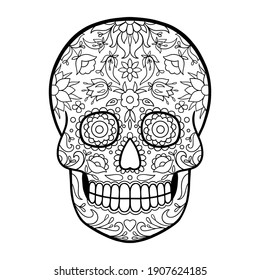 Mexican skull. sugar skull, day of death vector illustration. black and white sugar skull. Coloring page