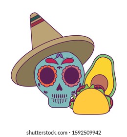 Mexican skull and taco design, Mexico culture tourism landmark latin and party theme Vector illustration
