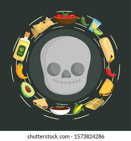 mexican skull taco tequila avocado burrito food traditional vector illustration