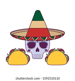 Mexican skull and tacos design, Mexico culture tourism landmark latin and party theme Vector illustration