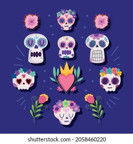 mexican skull traditional icons set