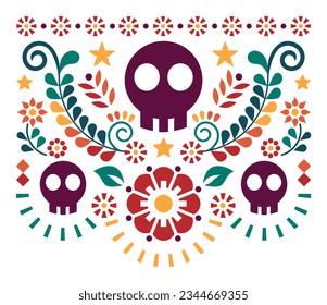 Mexican skull vector design with flowers - traditional Halloween and Day of the Dead colorful pattern or greeting card. Vibrant floral background with calavera inspired by folk art form Mexico in oran