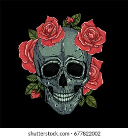 Mexican skull vector illustration tattoo, hand drawn. T-shirt print. Colors