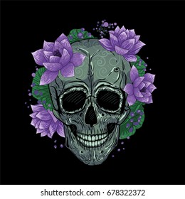 Mexican skull vector illustration tattoo, hand drawn. T-shirt print. Colors