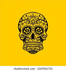 Mexican Skull Vector with Pattern. old school tattoo style Skull tattoo design sketch. Black and white illustration. mexican skull illustration