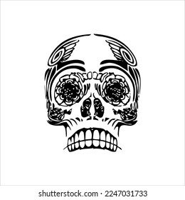 Mexican Skull Vector with Pattern. old school tattoo style Skull tattoo design sketch. Black and white illustration. mexican skull illustration