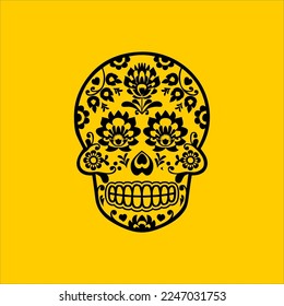 Mexican Skull Vector with Pattern. old school tattoo style Skull tattoo design sketch. Black and white illustration. mexican skull illustration