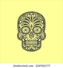 Mexican Skull Vector with Pattern. old school tattoo style Skull tattoo design sketch. Black and white illustration. mexican skull illustration