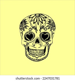 Mexican Skull Vector with Pattern. old school tattoo style Skull tattoo design sketch. Black and white illustration. mexican skull illustration