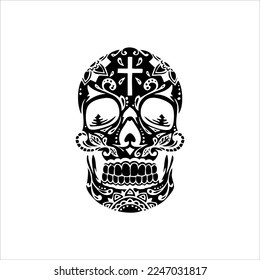 Mexican Skull Vector with Pattern. old school tattoo style Skull tattoo design sketch. Black and white illustration. mexican skull illustration