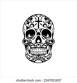 Mexican Skull Vector with Pattern. old school tattoo style Skull tattoo design sketch. Black and white illustration. mexican skull illustration