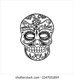 Mexican Skull Vector with Pattern. old school tattoo style Skull tattoo design sketch. Black and white illustration. mexican skull illustration