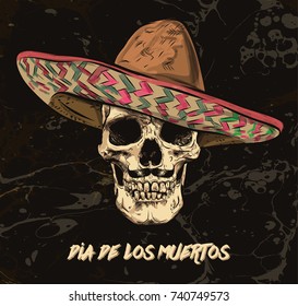 Mexican skull vector with sombrero on background.