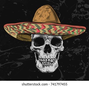 Mexican skull vector with sombrero on background.