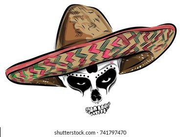 Mexican skull vector with sombrero on background.