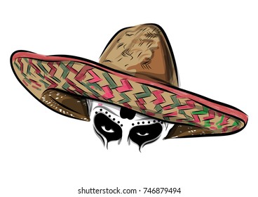 Mexican skull vector with sombrero on background.