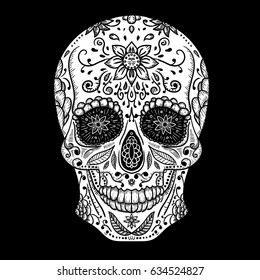 Mexican skull Vector Tattoo, hand drawn,  Black and White, T-shirt print