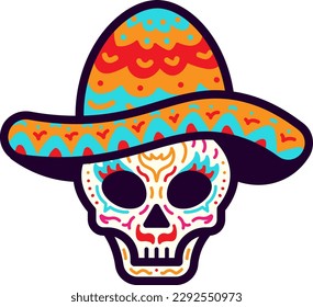 Mexican Skull Wearing Sombrero Hat Vector Illustration