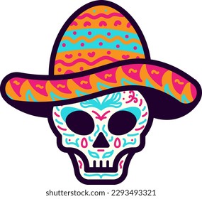 Mexican Skull Wearing Sombrero Hat Vector Illustration