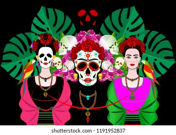 Mexican skull, mexican woman with a traditional hairstyle. Day of the Dead, Skulls, Parrot and red flowers. Animation portrait of the young Mexican girl in ancient clothes, traditional Mexican dress 