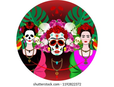 Mexican skull, mexican woman with a traditional hairstyle. Day of the Dead, Skulls, Parrot and red flowers. Animation portrait of the young Mexican girl in ancient clothes, traditional Mexican dress 