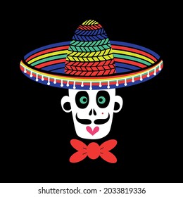 A Mexican skull of a zombie man in a sombrero hat. A skull for the conceptual design of the Halloween celebration. Vector illustration