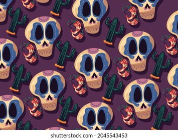 Mexican skulls cactus and chillis on purple background