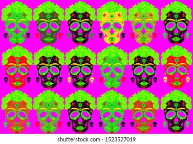 Mexican skulls, Calavera with flowers. Decoration for Day of the Dead, Dia de los Muertos. Halloween poster background, greeting card or t-shirt design. Frida style. Set vector skulls pink background