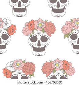 Mexican skulls and flower wreaths hand drawn background. Gothic wallpaper vector with flowers. Seamless pattern with sugar skulls. Day of the dead, traditional holiday in Mexico