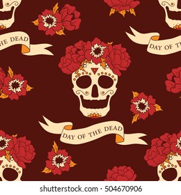 Mexican skulls and flower wreaths hand drawn background. Gothic wallpaper vector with flowers. Seamless pattern with sugar skulls. Day of the dead, traditional holiday in Mexico