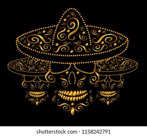 Mexican skulls icon with sombrero gold color