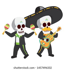 mexican skulls mariachis playing guitar and maracas vector illustration design