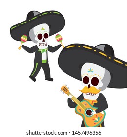 mexican skulls mariachis playing guitar and maracas vector illustration design