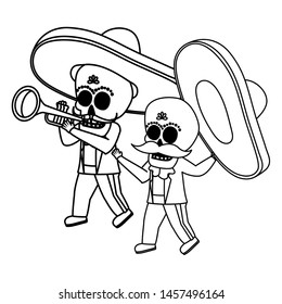 mexican skulls mariachis playing trumpet vector illustration design