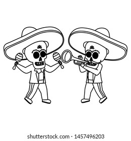 mexican skulls mariachis playing trumpet and maracas vector illustration design