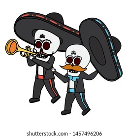 mexican skulls mariachis playing trumpet vector illustration design