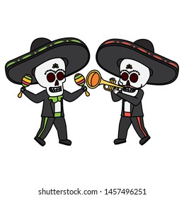 mexican skulls mariachis playing trumpet and maracas vector illustration design